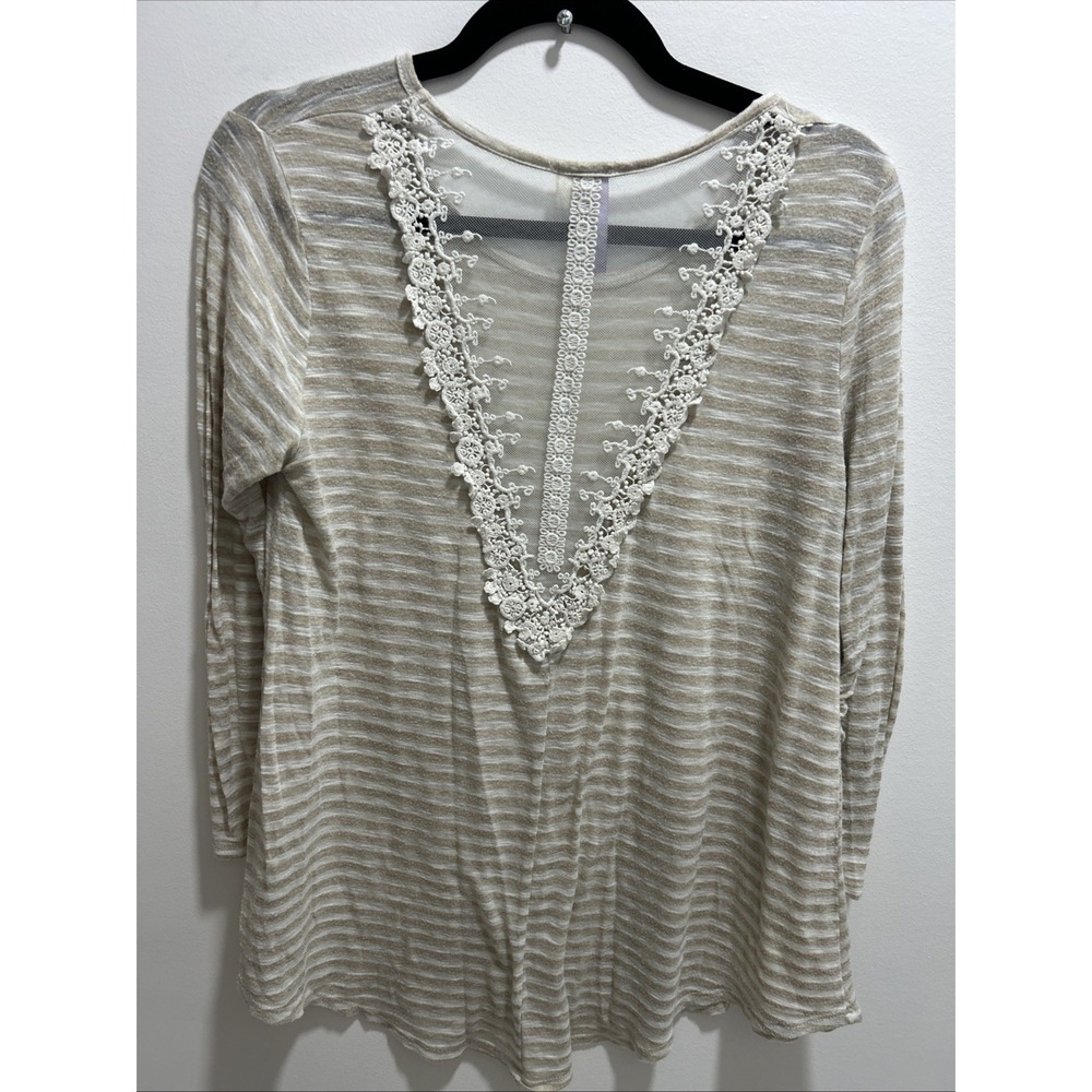 Alya Women's M Boho Embroidered Net Back‎ 3/4 Pull-Up Sleeves Tan Ivory Strips